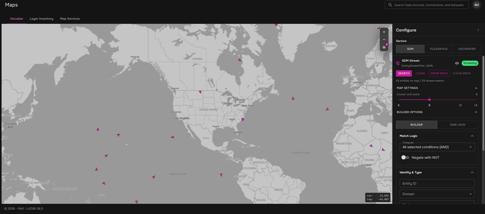 Maps Visualize tab with SDM entities